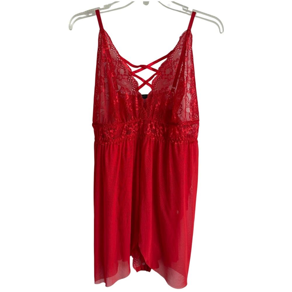 AvidLove Plus Red Lace Up Teddy Mesh Babydoll Lingerie Chemise Skirted Size 16W